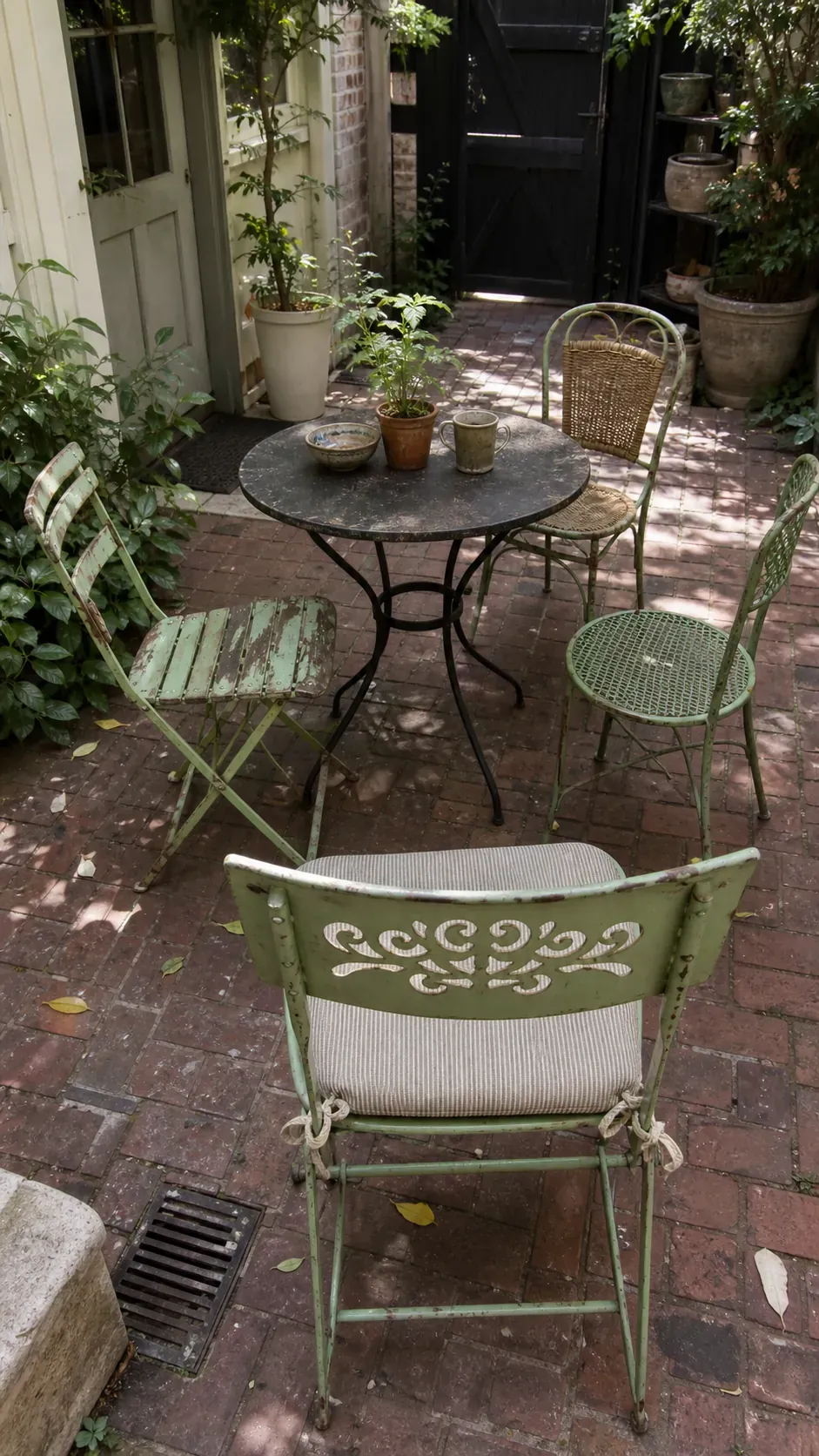Mismatched painted cafe chairs around a round outdoor table
