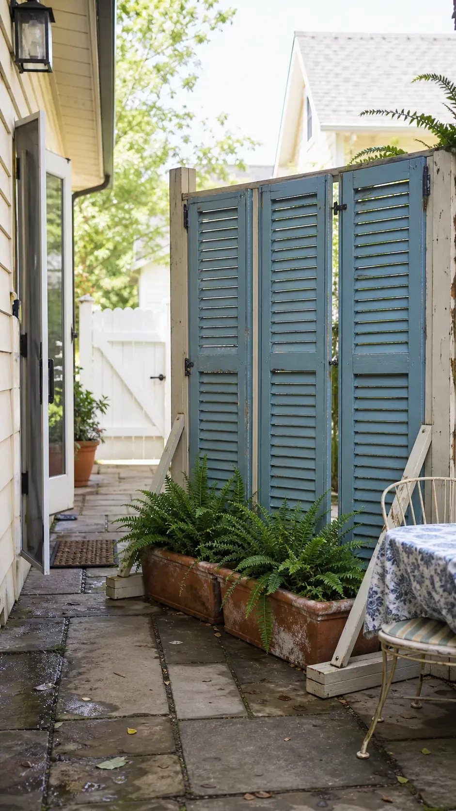 Weathered salvaged shutters forming a planted patio privacy screen