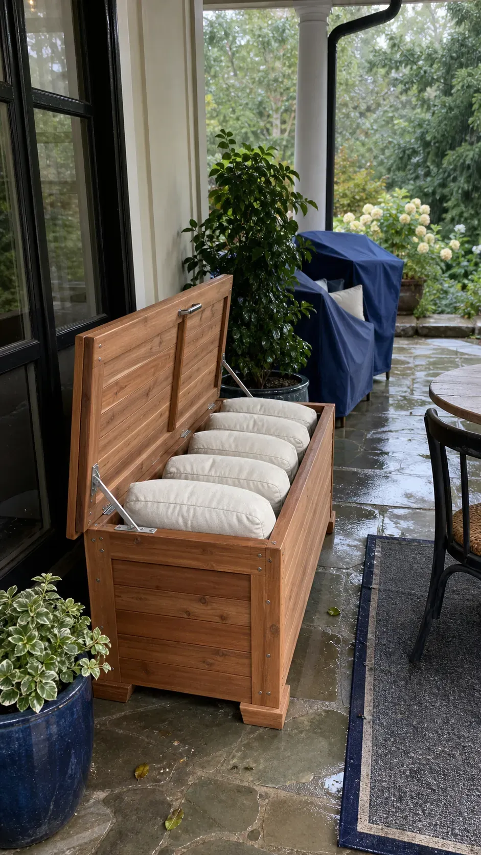 Vintage-style outdoor storage bench holding removable patio cushions