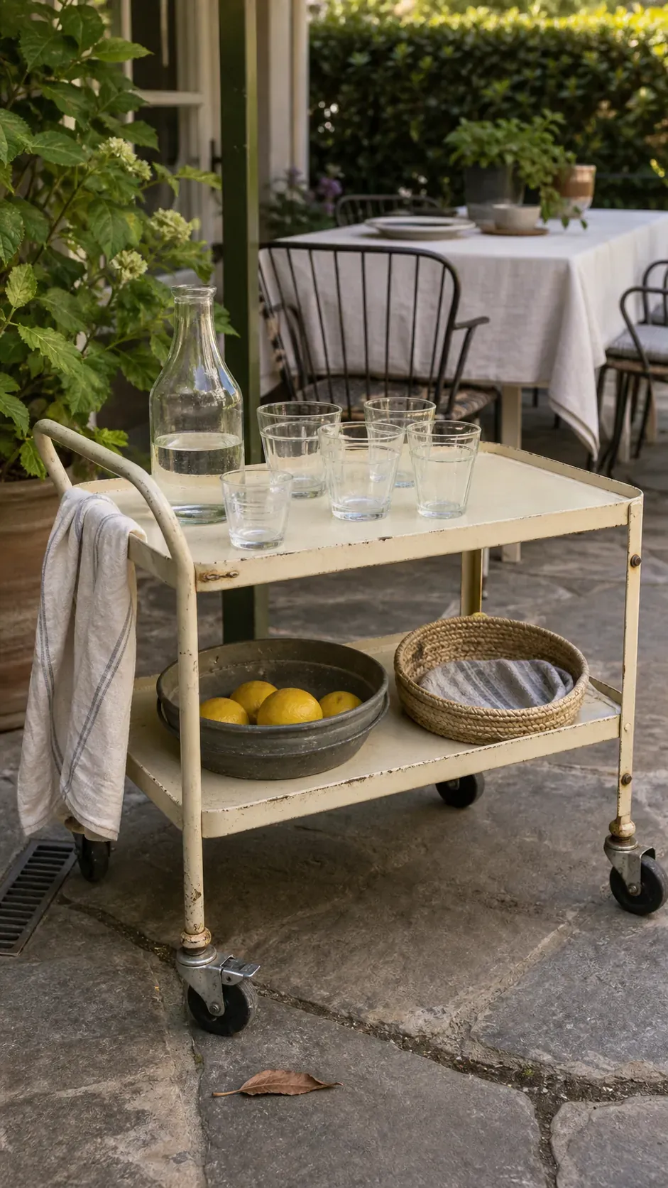 Vintage metal tea cart arranged as a simple patio drink station