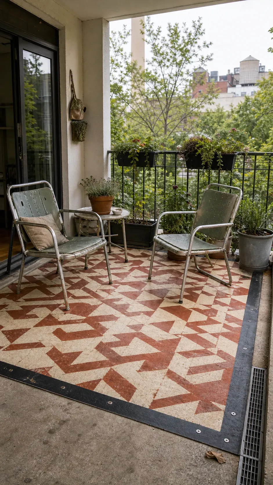 Painted vintage-pattern floorcloth beneath a small patio seating area