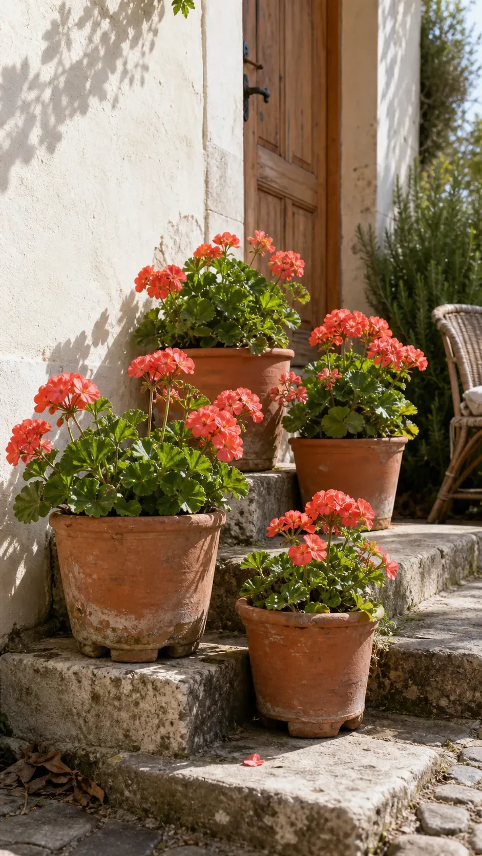 Coral geraniums in weathered terracotta pots on a cottage patio