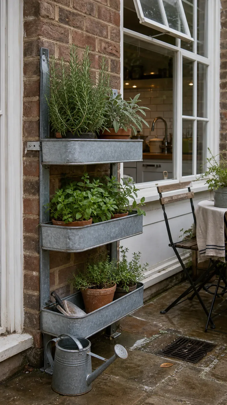 Vintage galvanized shelf holding practical patio herbs and pots