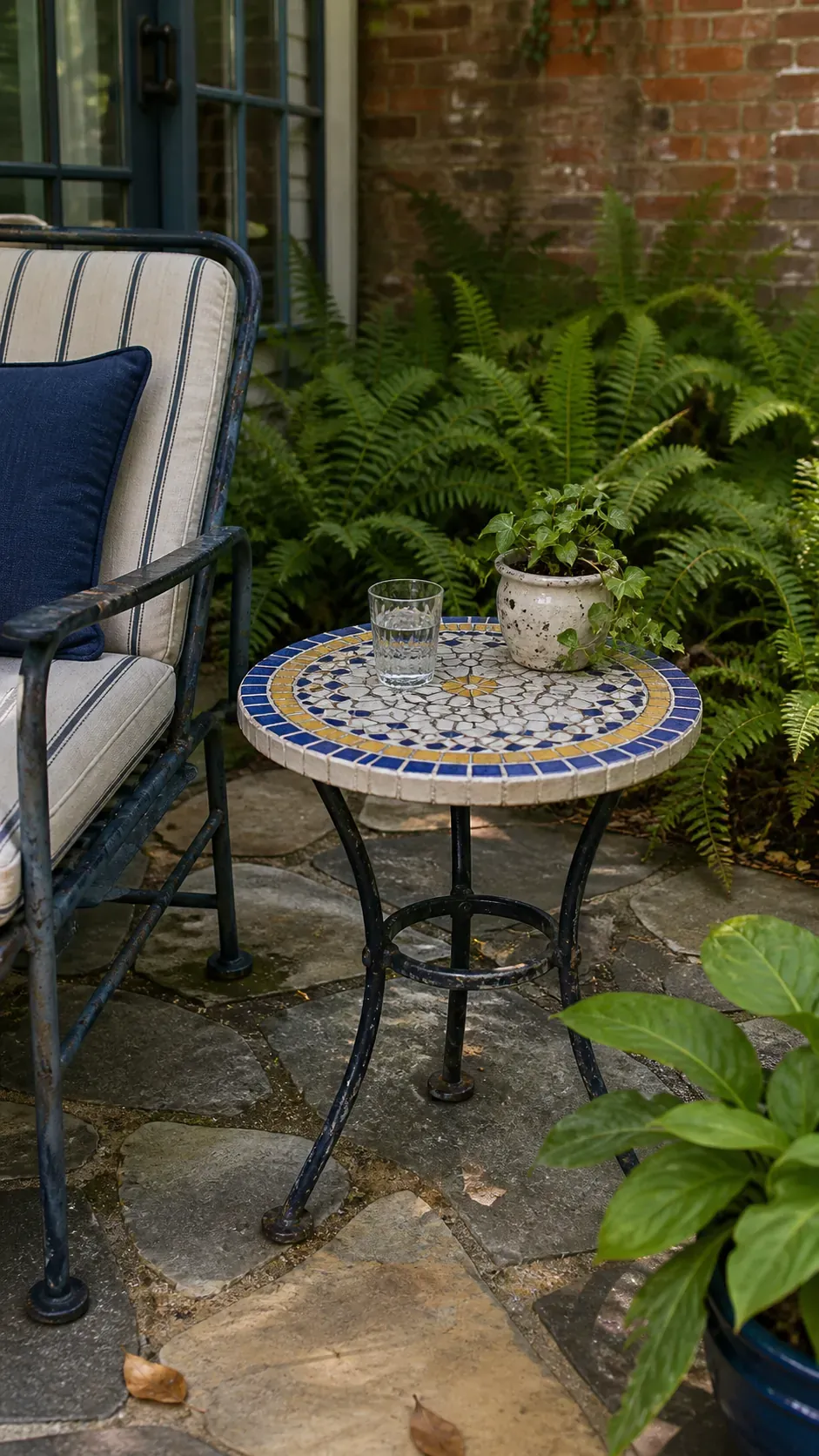 Small vintage mosaic side table beside an outdoor reading chair
