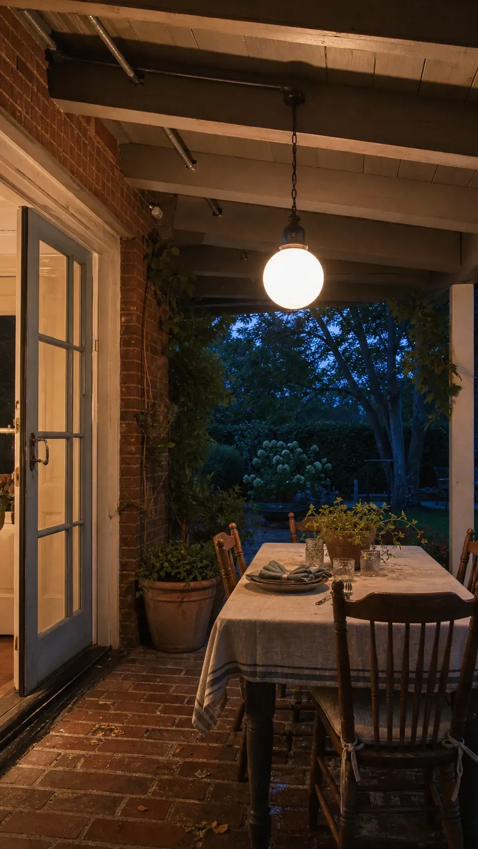 Opaline globe pendant lighting a covered vintage patio at dusk