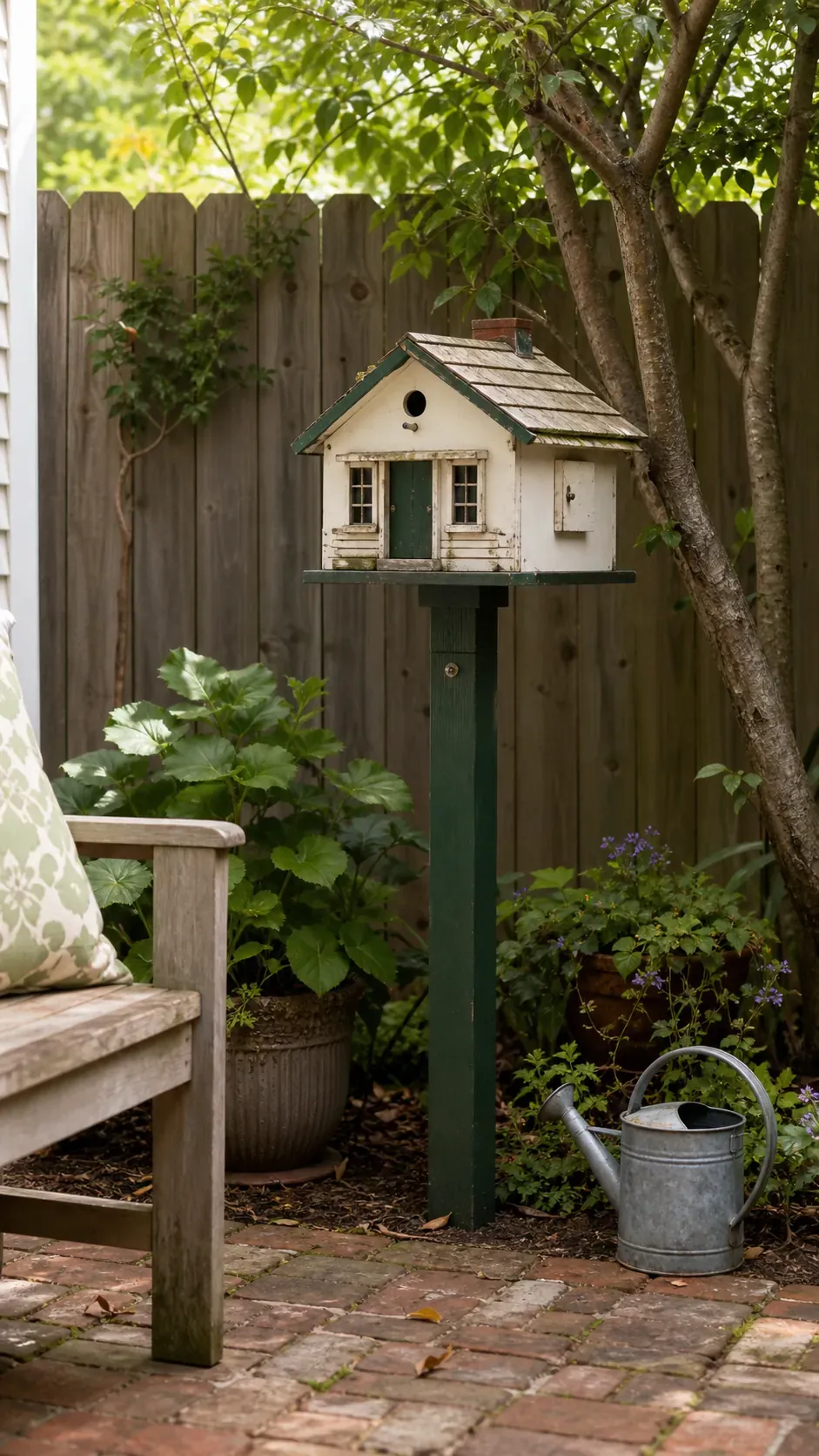 Simple architectural birdhouse mounted near a vintage garden patio