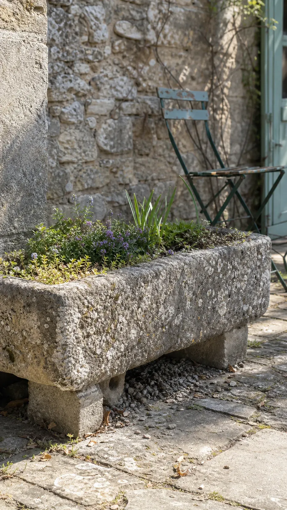 Weathered stone trough planted with herbs on a vintage patio