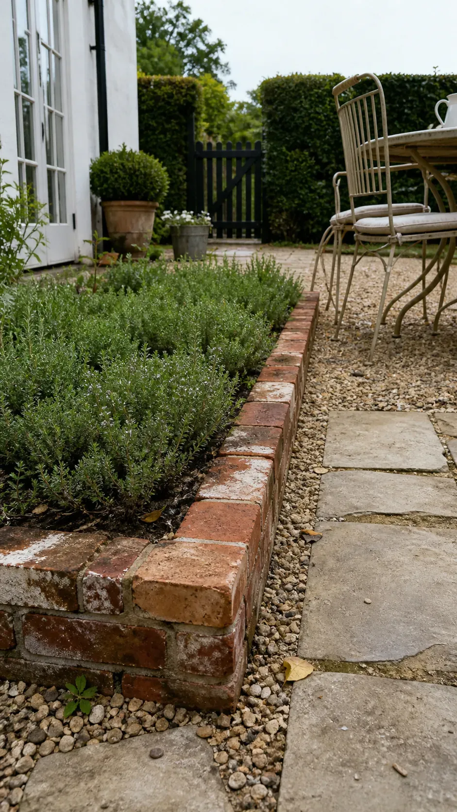 Reclaimed brick edging around a planted vintage courtyard patio