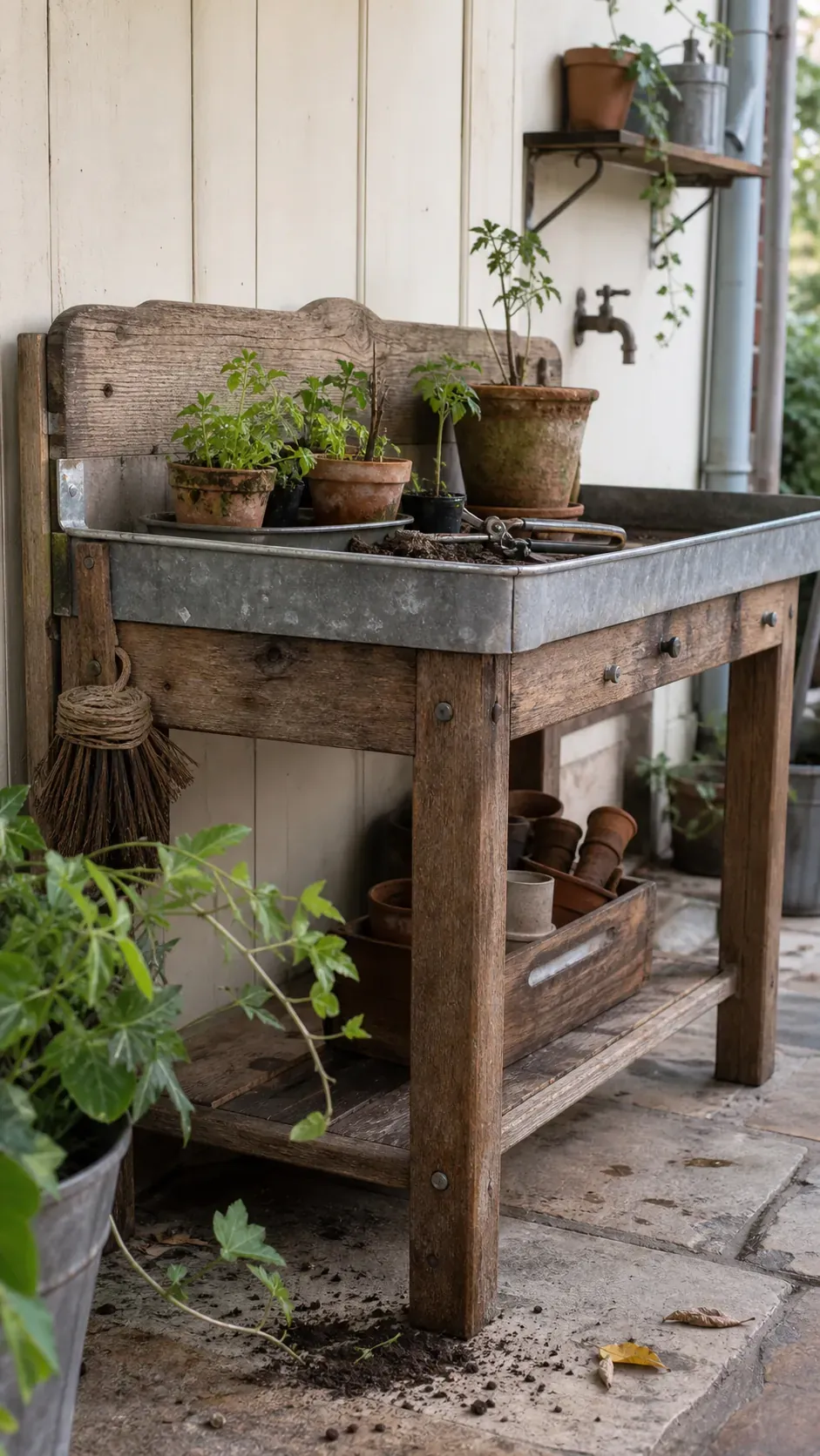 Salvaged workbench arranged as a tidy vintage patio potting corner