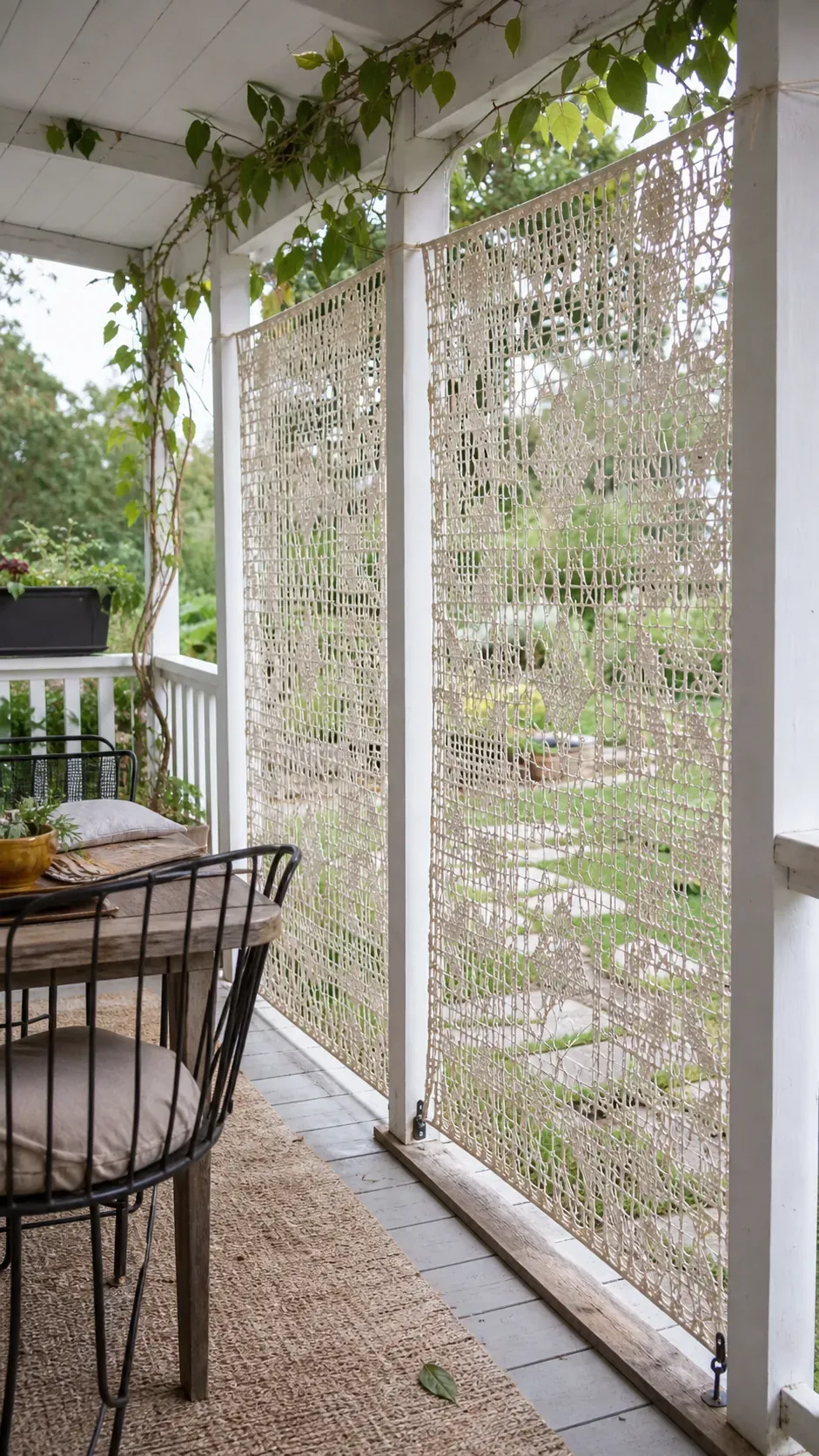 Cream open-weave outdoor panels softening a covered vintage patio