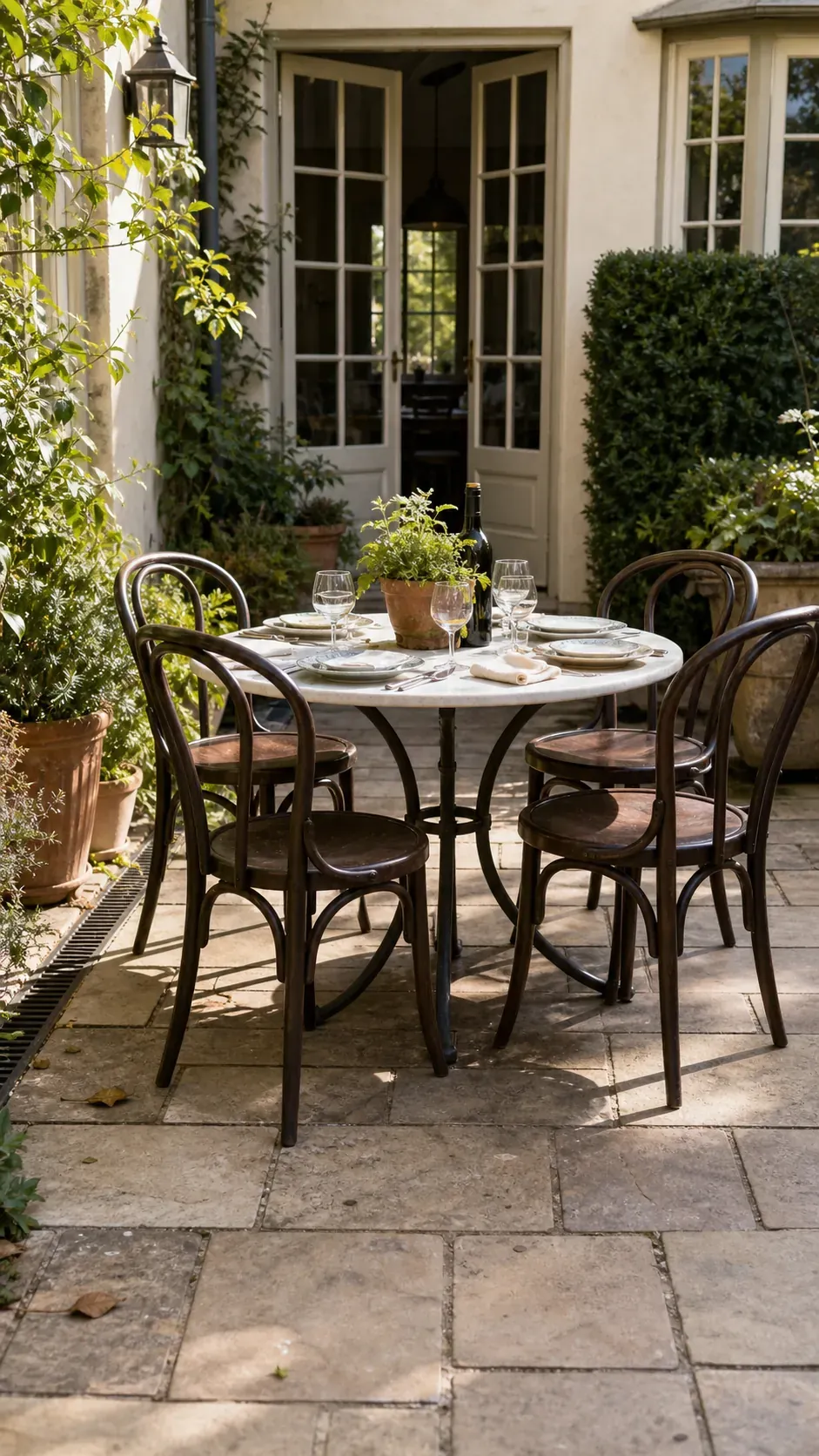 Exterior-rated bentwood-style chairs on a small French country patio