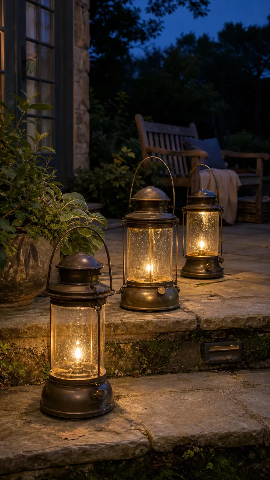 Rechargeable hurricane-style lanterns glowing on a vintage patio