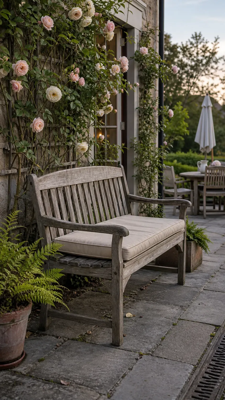 Sound weathered garden bench anchoring a quiet planted patio