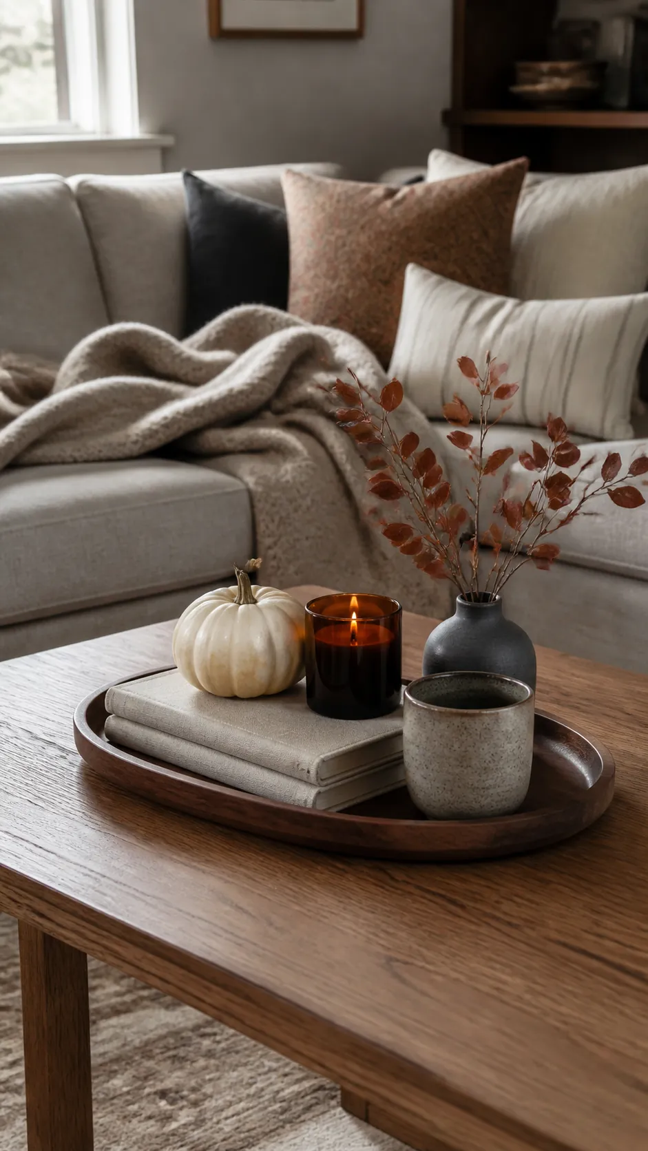 Warm fall coffee table decor tray in a comfortable living room