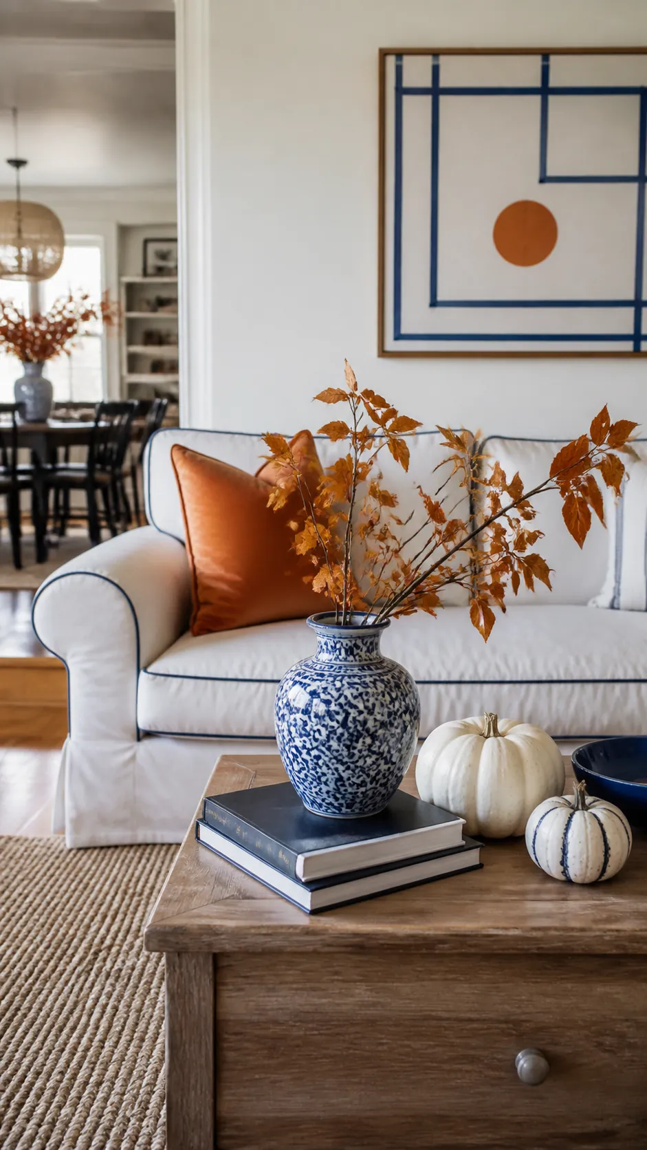 Blue white and orange fall decor in a bright living room