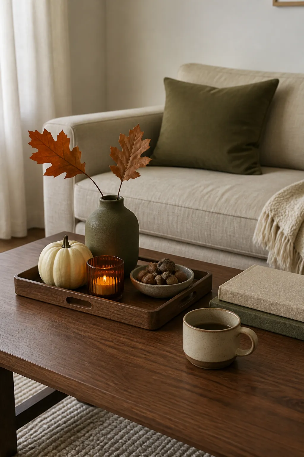 Collection of simple fall coffee table decor ideas in a warm living room