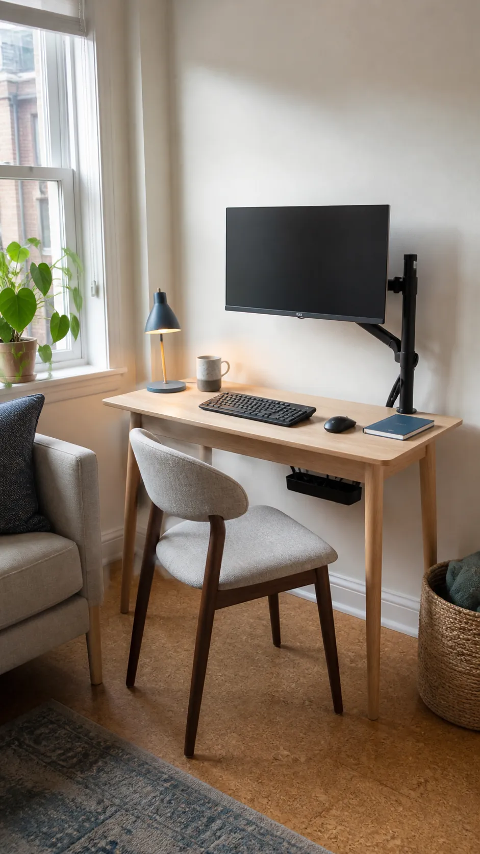 Compact small desk with monitor arranged for comfortable work