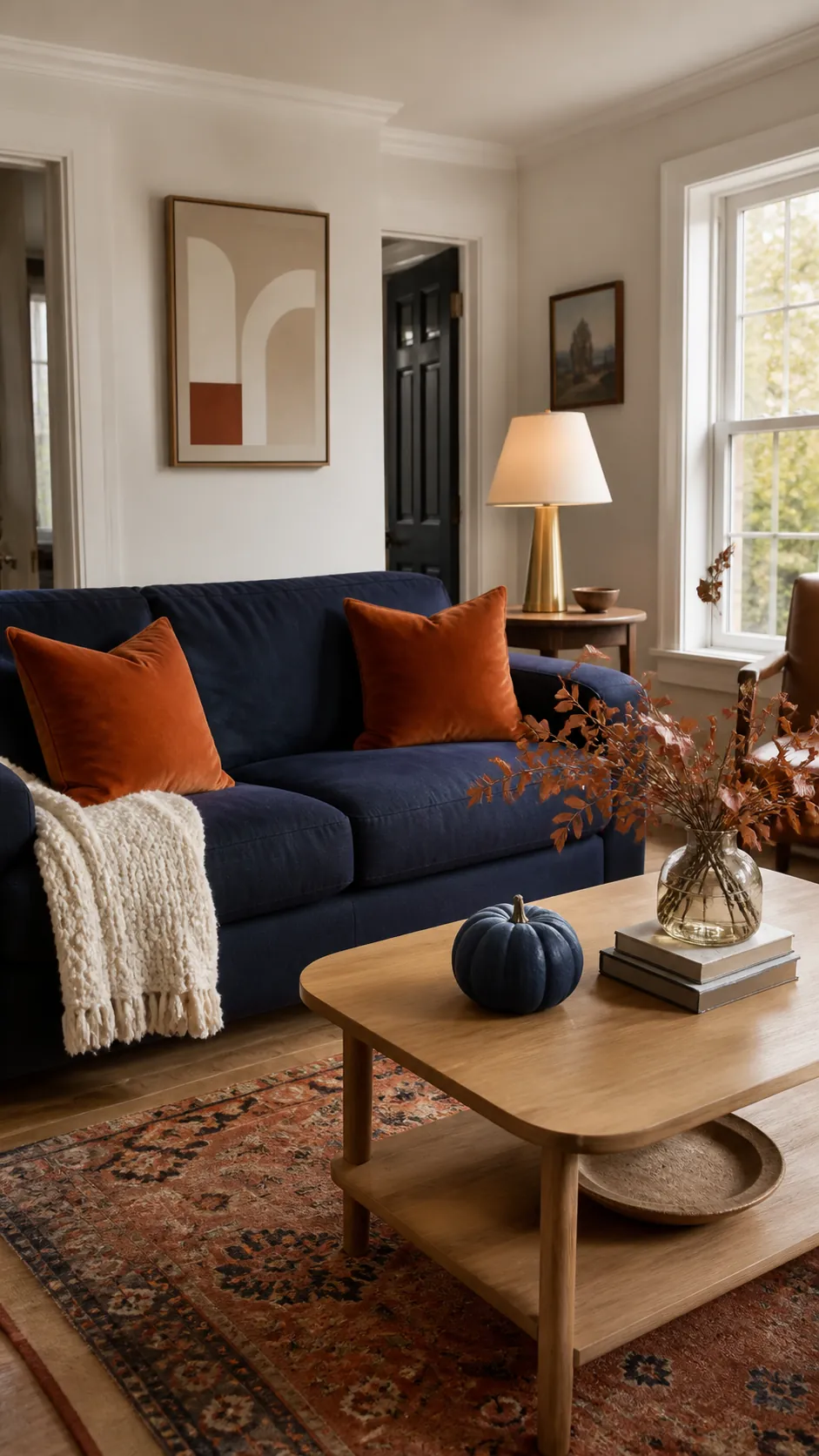Burnt orange and navy blue fall decor in a cozy living room