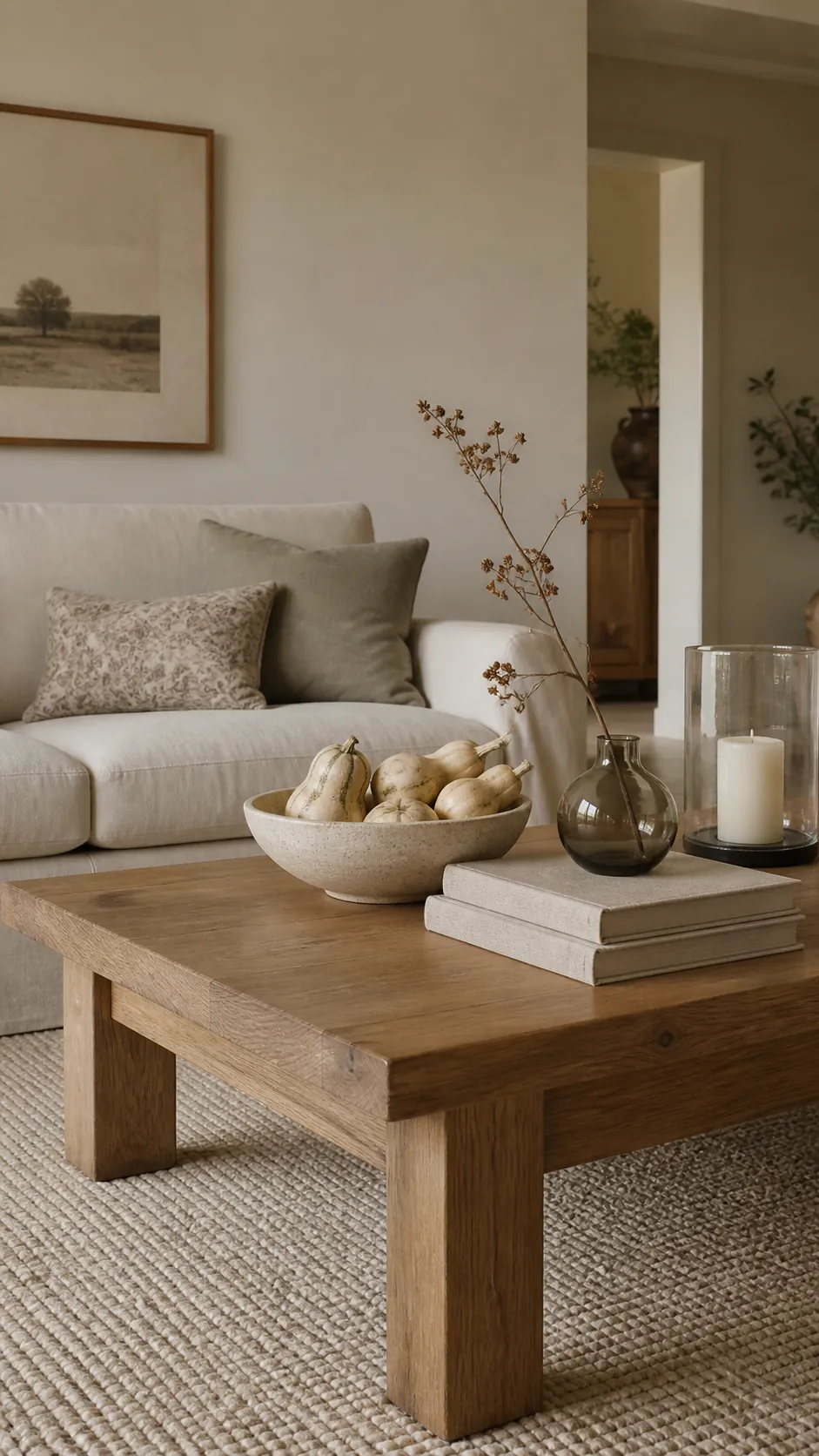 Neutral fall coffee table decor with pale gourds and natural textures