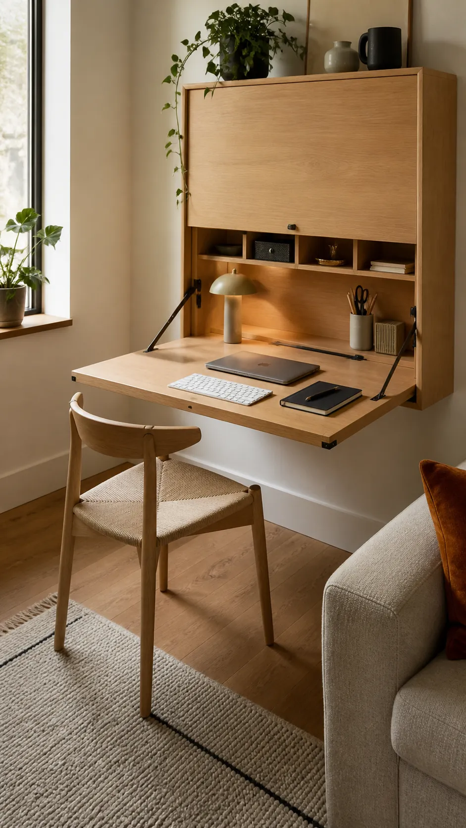 Beautiful fold down Murphy desk open in a compact living room