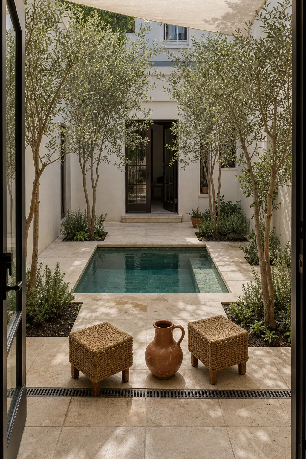 Private courtyard pool framed by layered greenery and practical stone paving