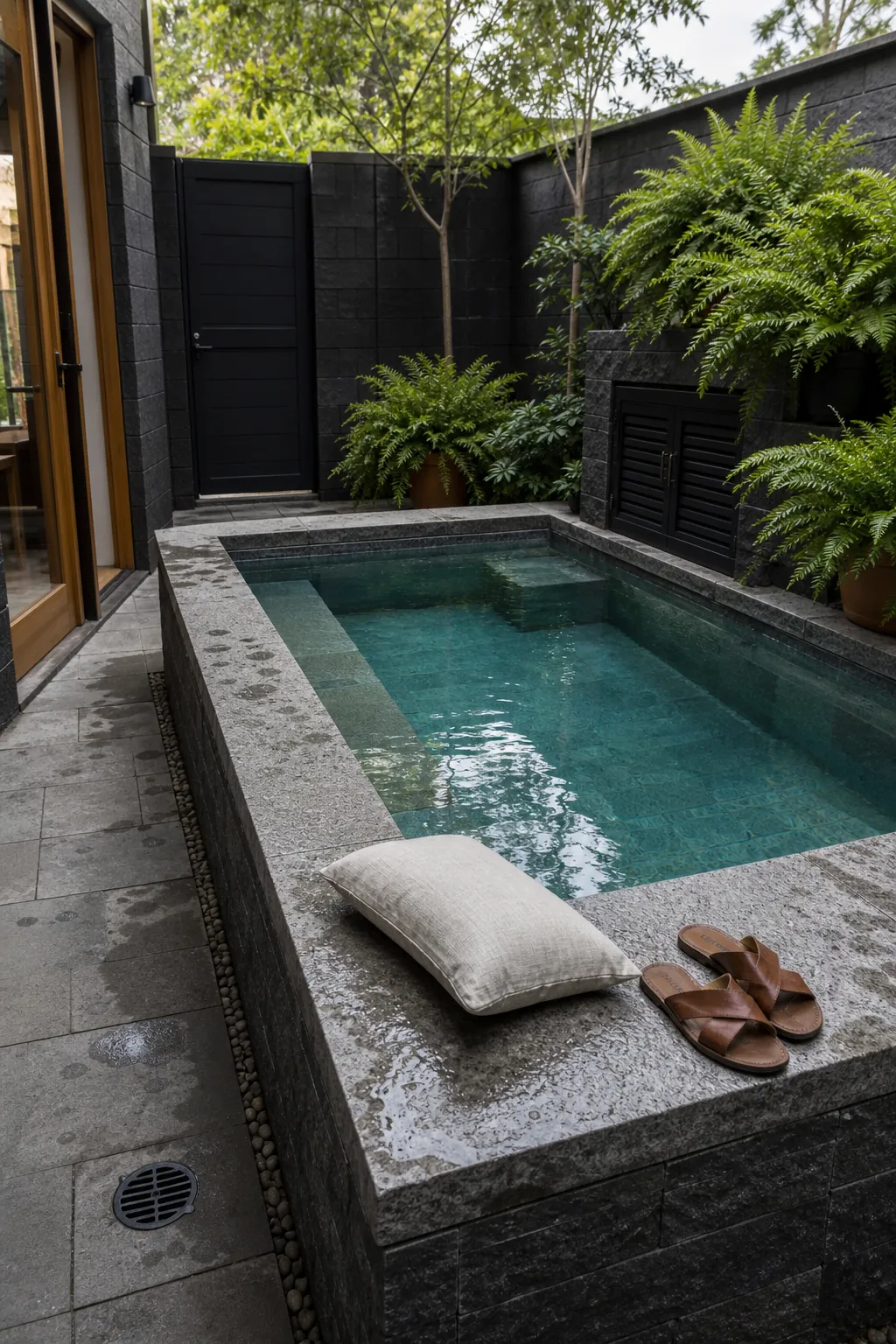 A Raised Pool That Doubles as Seating in a compact private courtyard