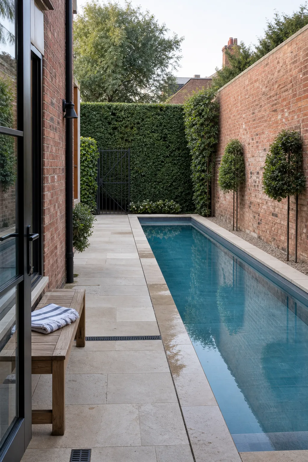 A Slim Lap Pool Along One Wall in a compact private courtyard