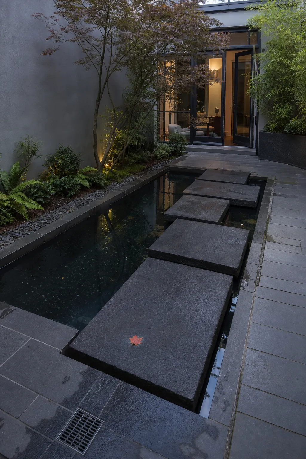 A Reflecting Pool with Stepping Stones in a compact private courtyard