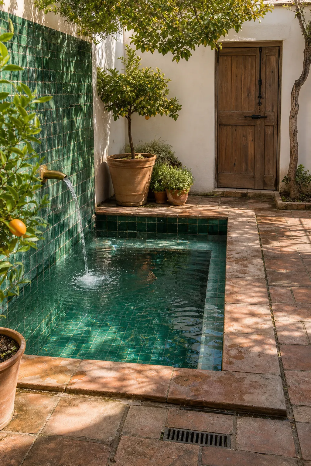 A Tiled Pool Inspired by a Garden Fountain in a compact private courtyard