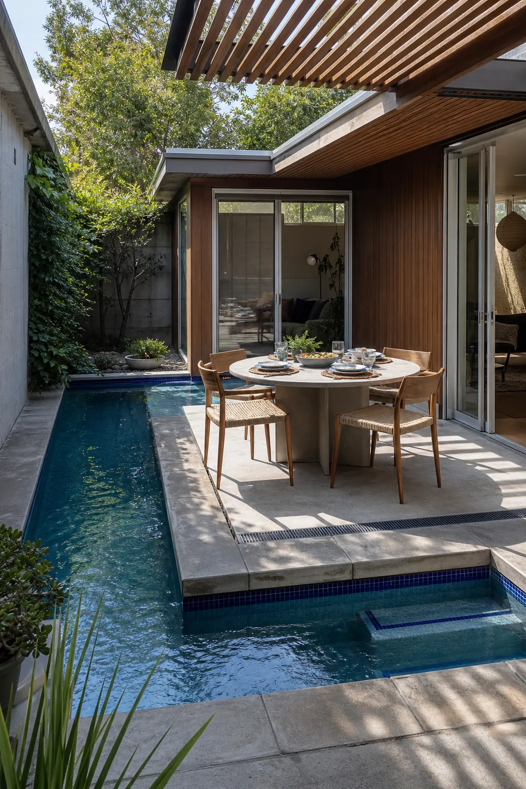 An L-Shaped Pool Around a Dining Nook in a compact private courtyard