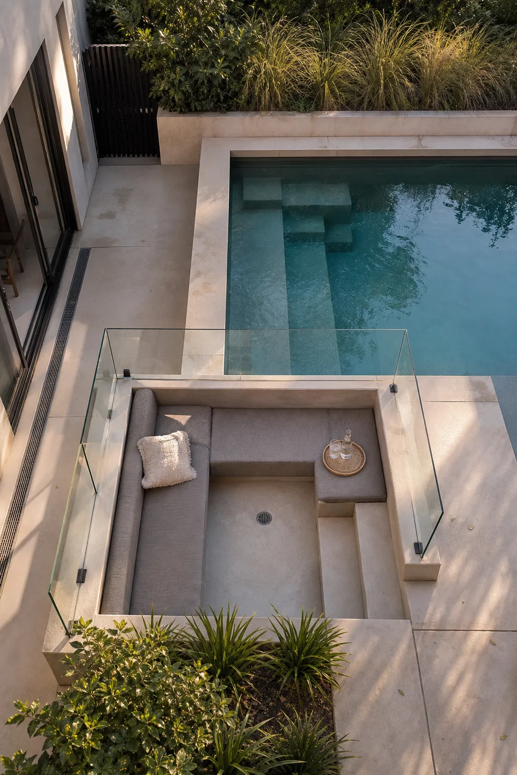 A Sunken Conversation Area Beside the Water in a compact private courtyard