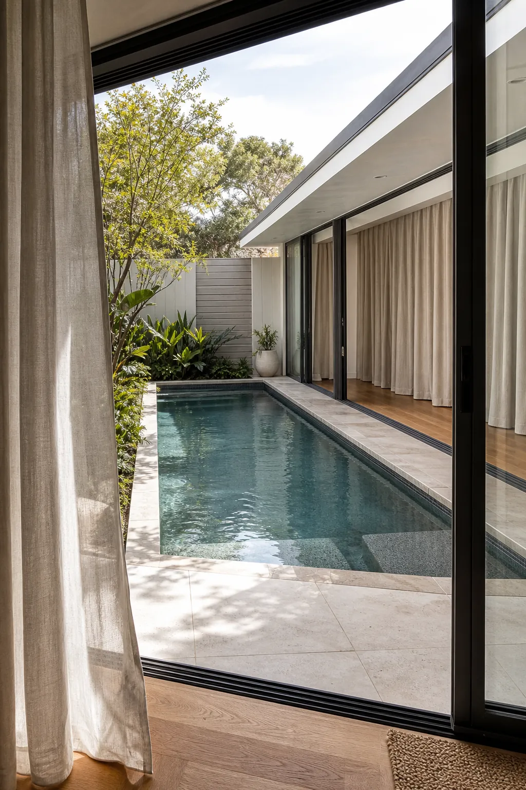 A Pool Framed by Sliding Glass Doors in a compact private courtyard