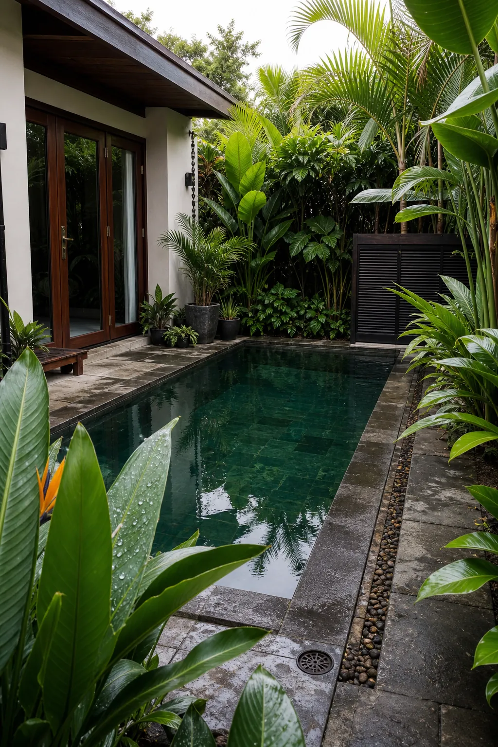 A Tropical Pool with Layered Greenery in a compact private courtyard