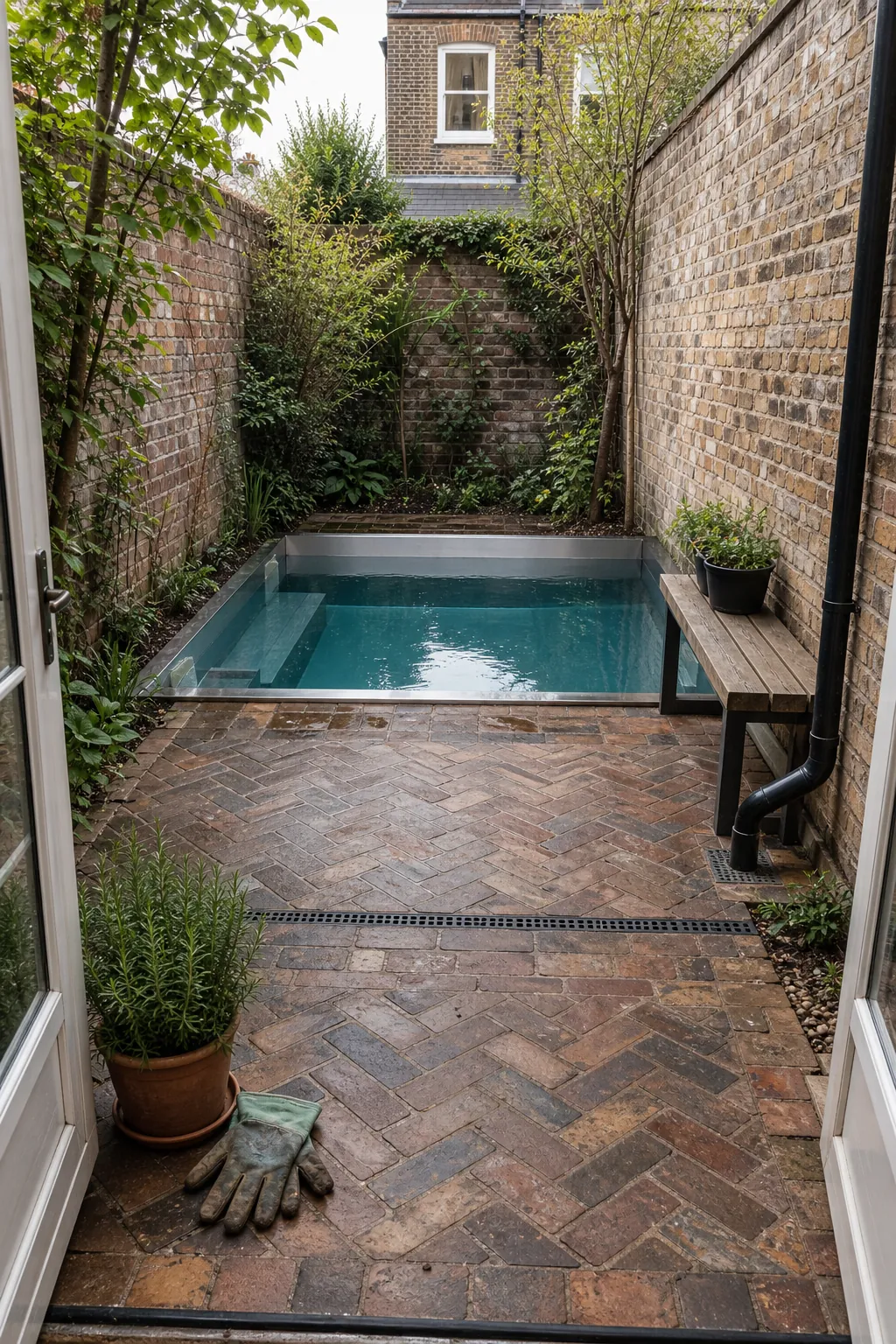 A Brick Courtyard Pool for a Townhouse in a compact private courtyard