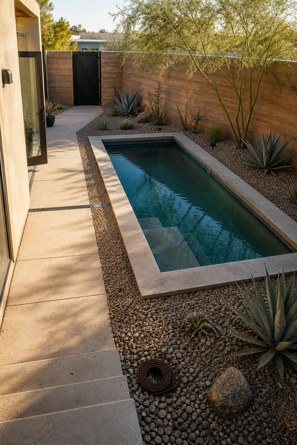 A Desert Courtyard Pool with Gravel Beds in a compact private courtyard