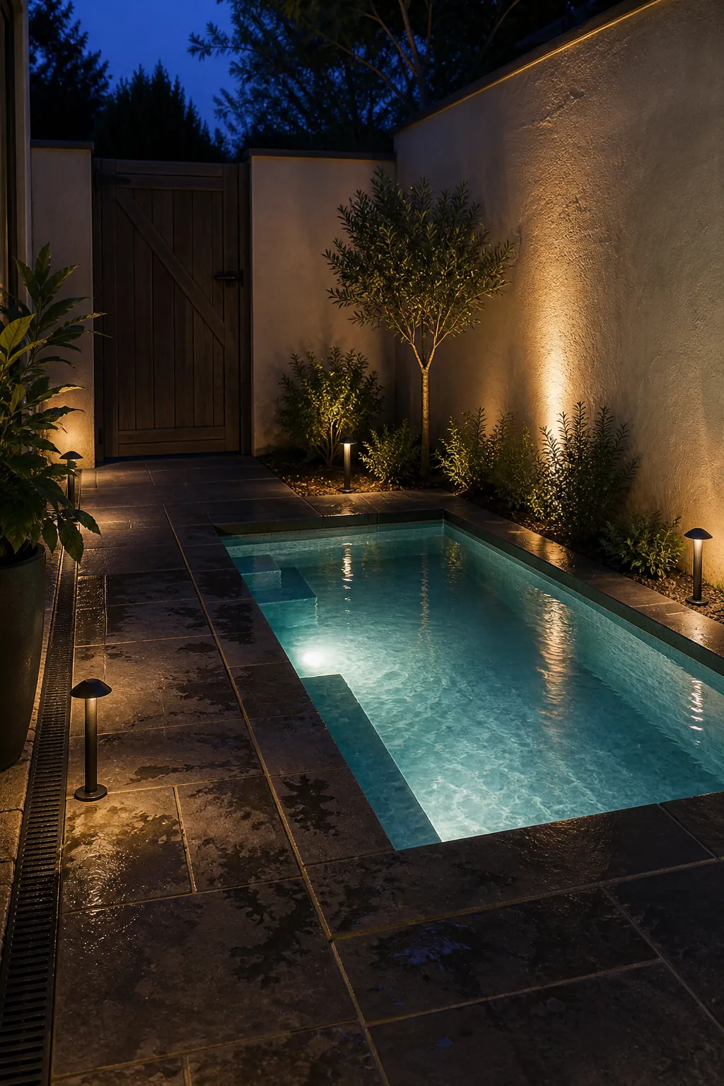 A Courtyard Pool Designed for Night in a compact private courtyard