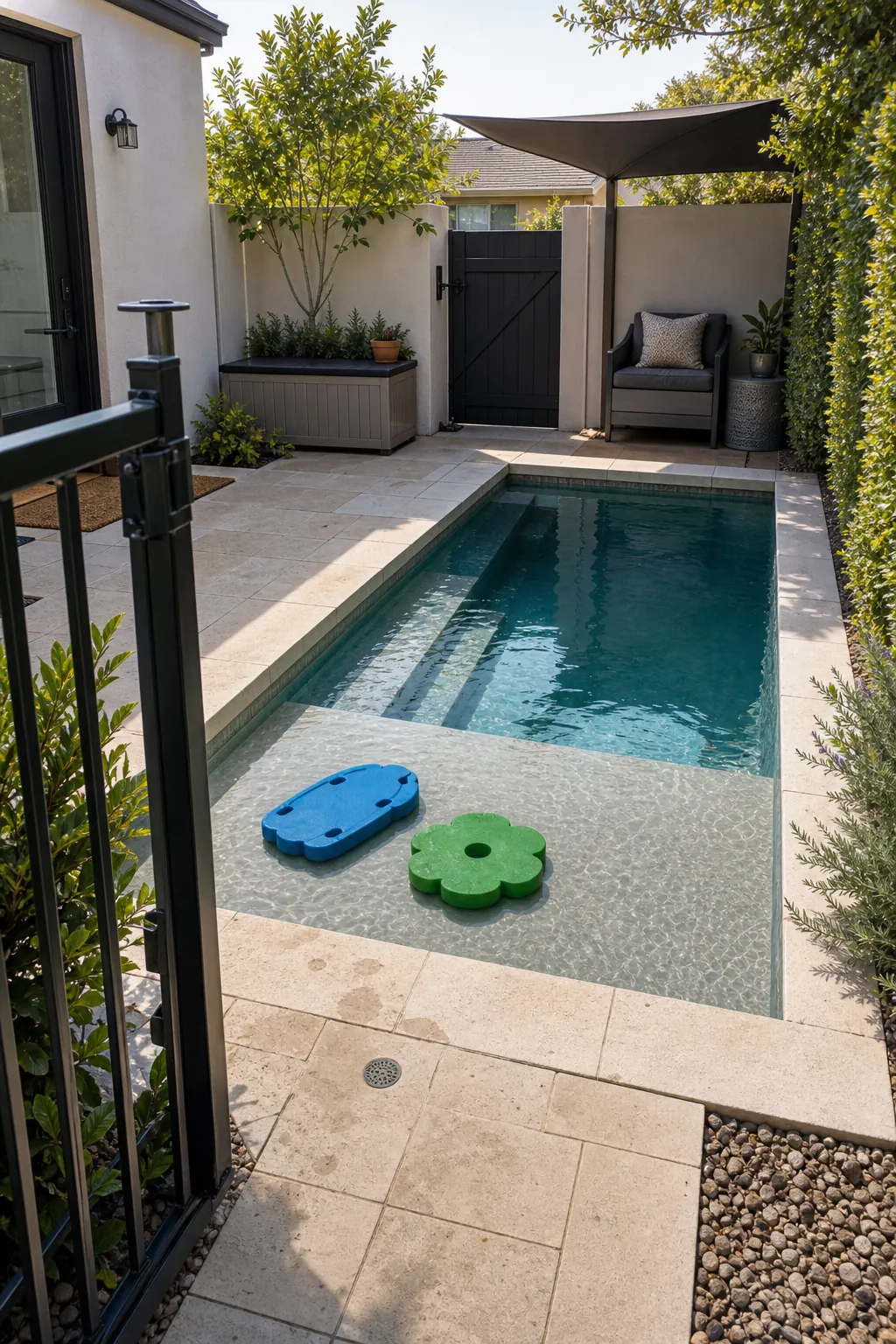 A Family Pool with a Shallow Ledge in a compact private courtyard