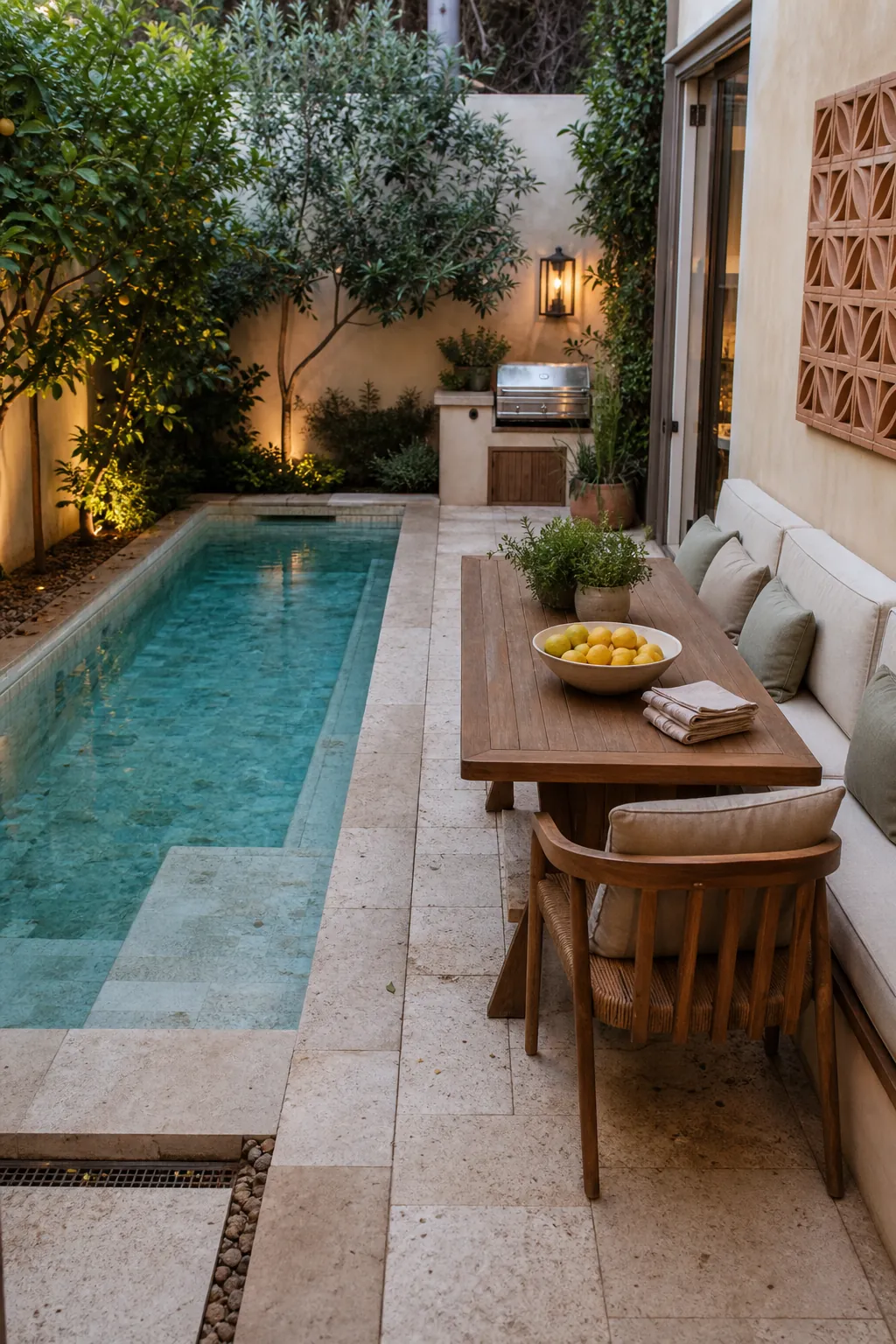A Pool Beside a Compact Dining Terrace in a compact private courtyard