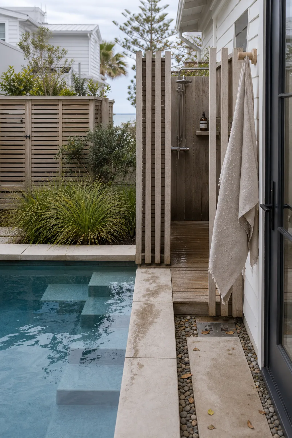 A Pool Paired with an Outdoor Shower in a compact private courtyard