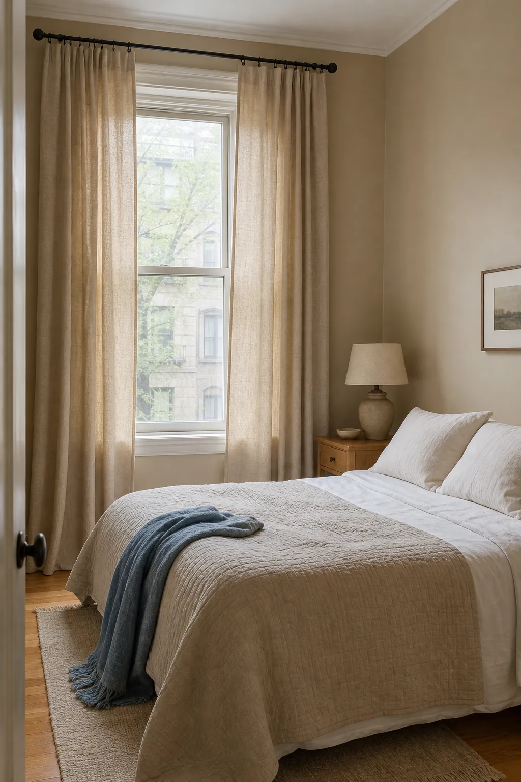 Bedroom curtain ideas for beige walls and softly layered neutral bedding