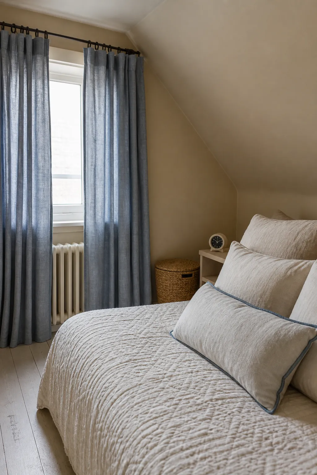 Dusty blue bedroom curtains with warm beige walls and ivory bedding