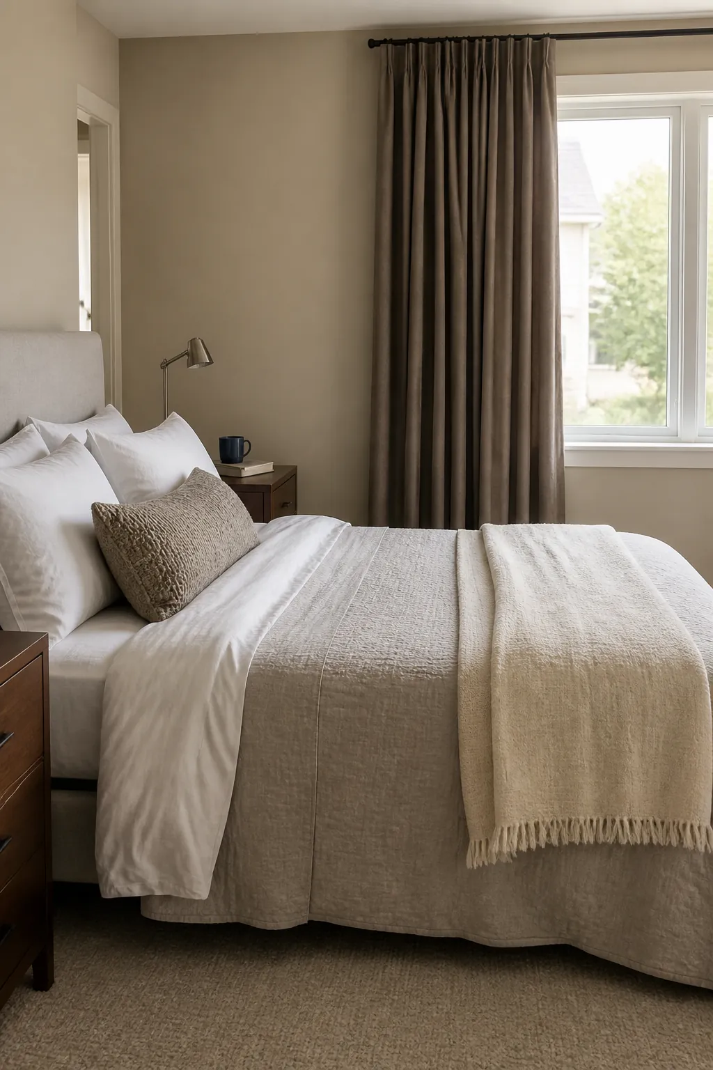 Mushroom taupe drapes layered with beige walls and soft white bedding