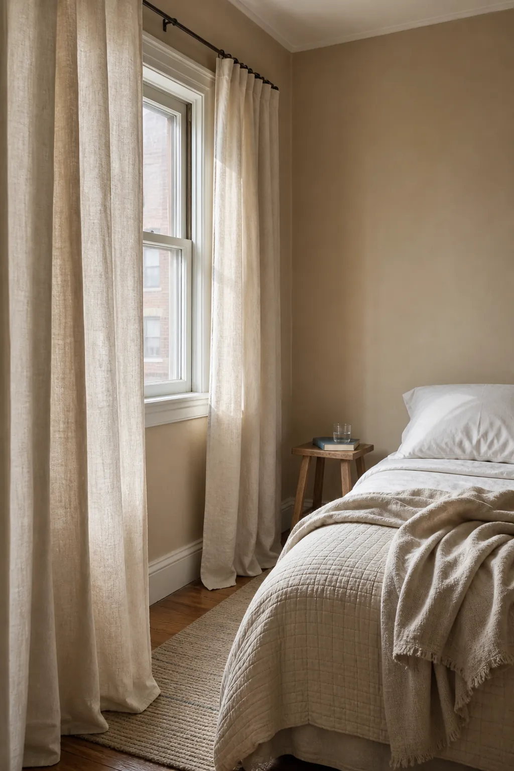 Warm ivory linen bedroom curtains against beige walls and soft neutral bedding