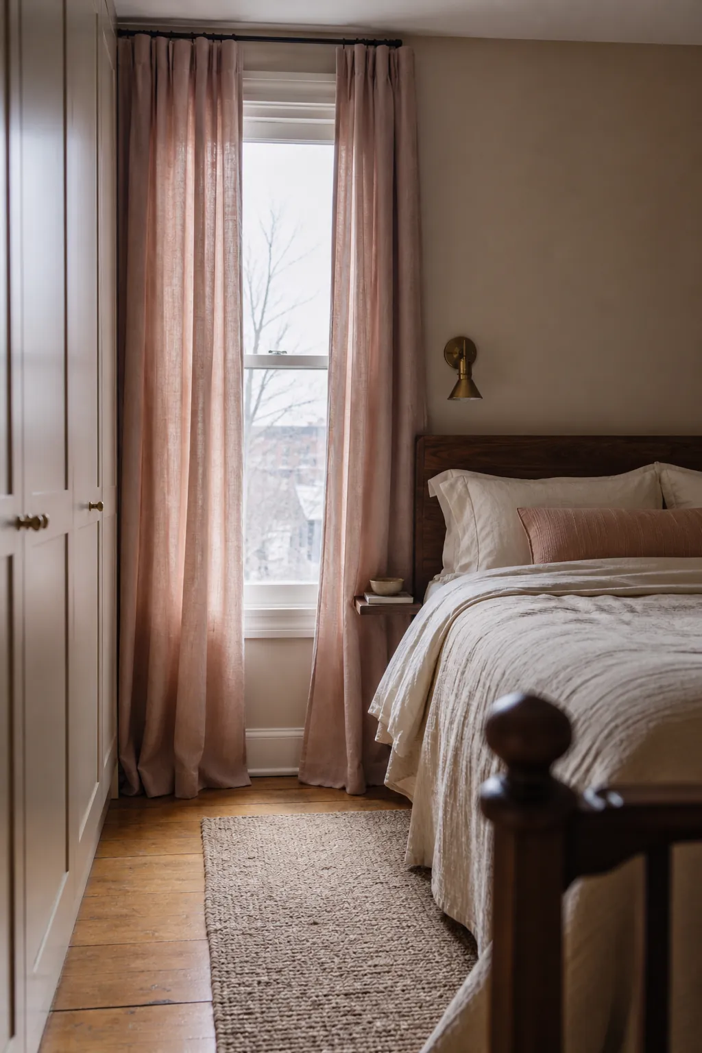 Muted blush curtains paired with beige walls and oatmeal bedding