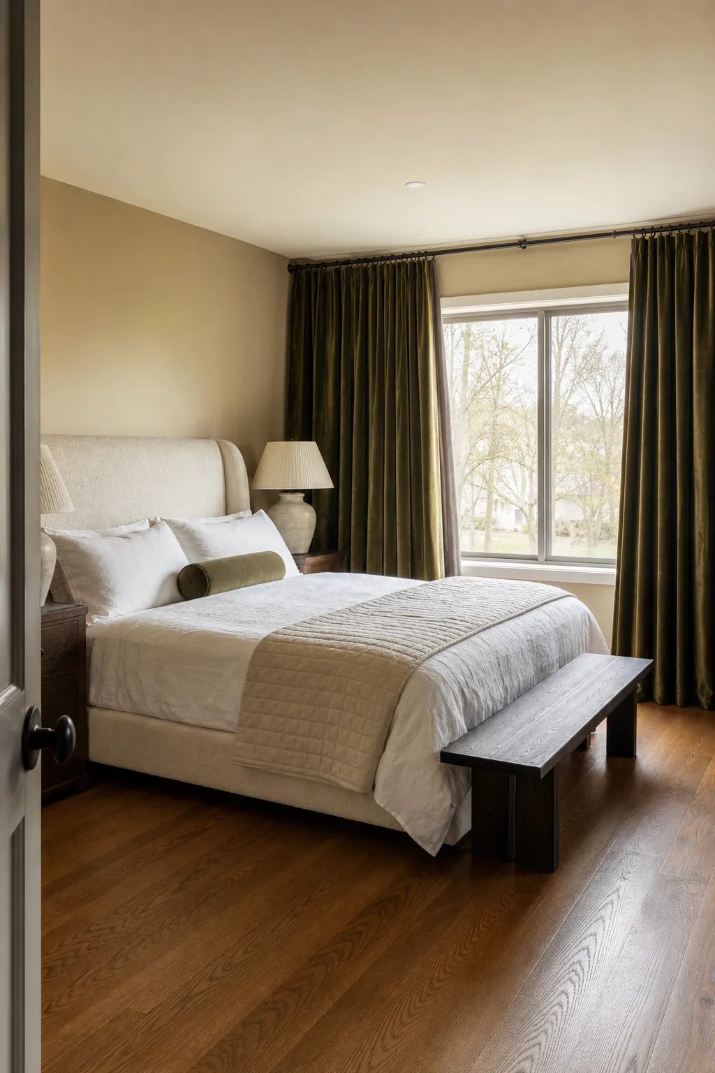 Olive velvet curtains framing a beige bedroom with pale soft bedding