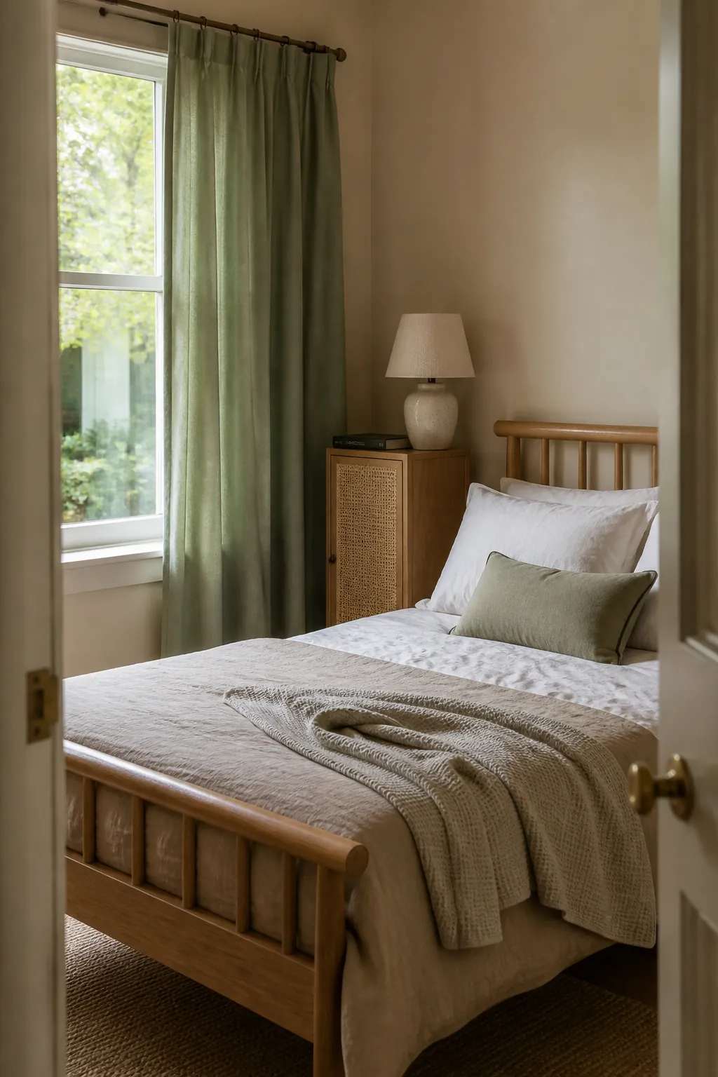 Sage green textured curtains in a beige bedroom with washed cotton bedding