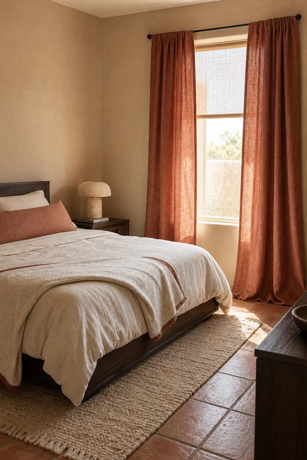 Soft terracotta curtains warming a beige bedroom with cream bedding