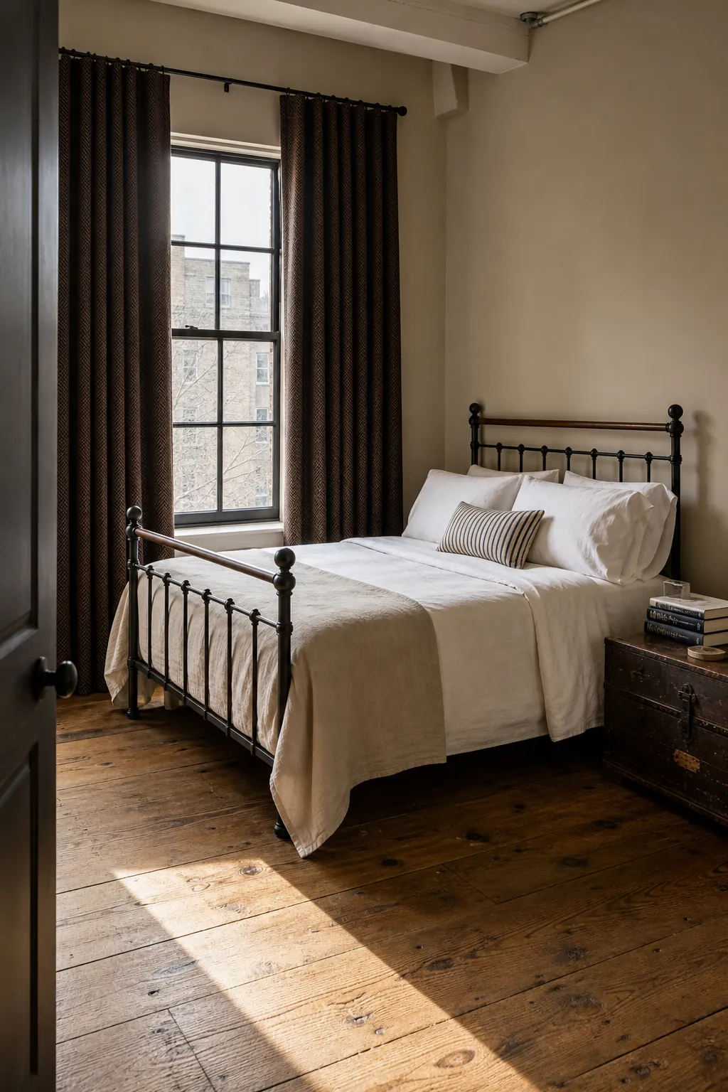 Chocolate brown curtains beside crisp bedding and warm beige bedroom walls