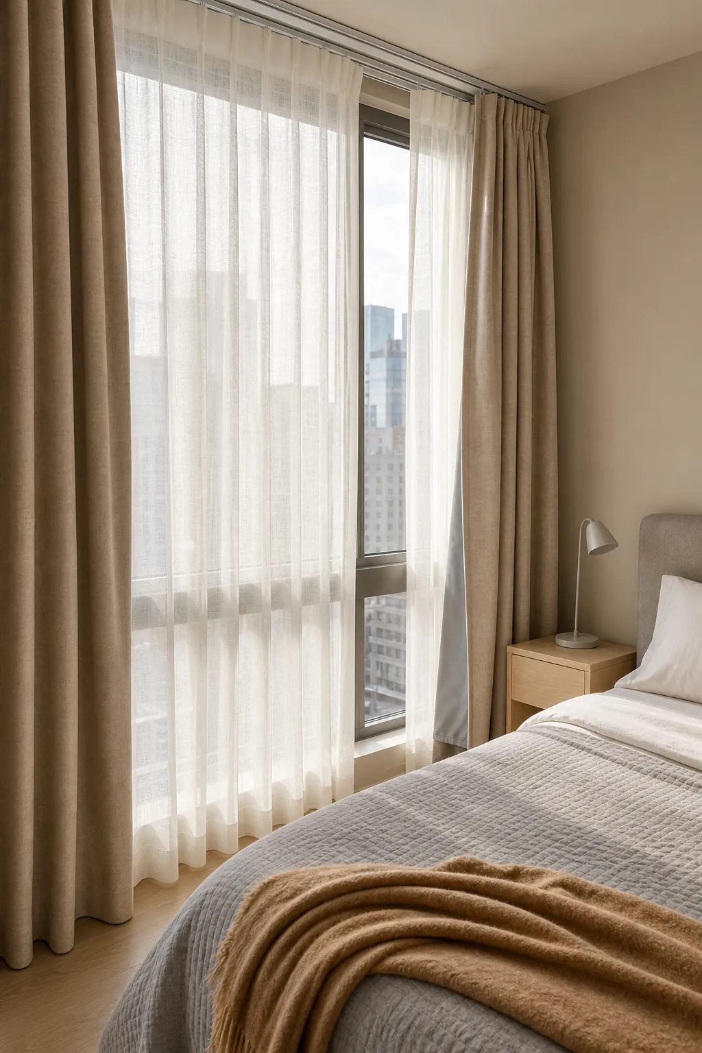 Layered ivory sheers and blackout curtains in a beige bedroom
