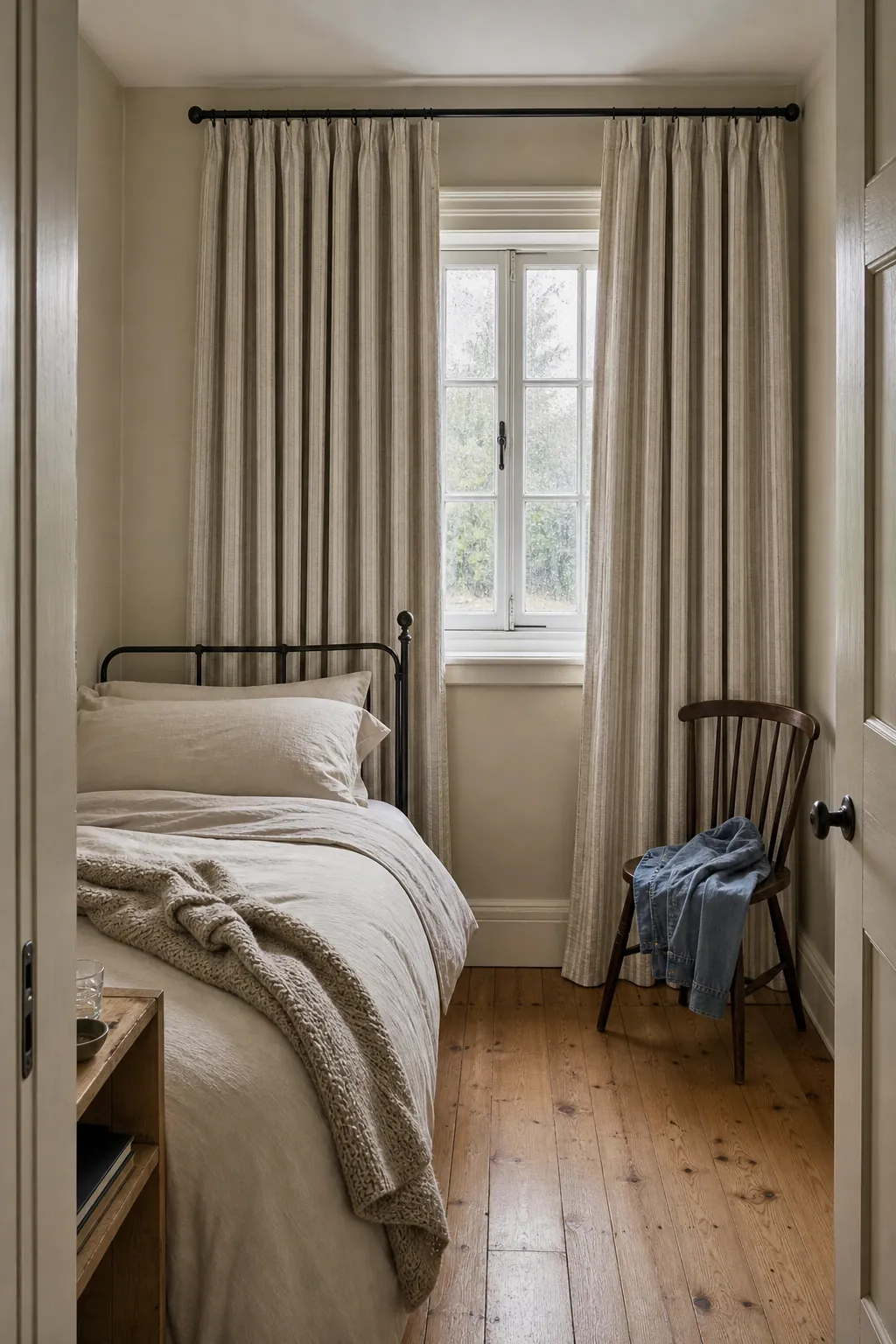 Subtle woven beige stripe curtains with simple soft bedroom bedding